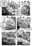 2026 3_toes absurd_res anthro armor bottomwear butt camera chester_the_rat clothing comic detailed_background dialogue disco_ball door duo english_text feet footsteps footsteps_(sound_effects) grunting headgear helmet hi_res inside jwbalsley male mammal monochrome murid murine musical_note musical_symbol overweight overweight_male rat rodent rodent_tail running shirt shorts stairs stinky_the_rat symbol tail text toes topwear walking