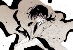  1boy commentary_request expressionless floating_hair granyon greyscale hair_over_eyes highres japanese_clothes kagurabachi kimono looking_ahead low_ponytail male_focus medium_hair monochrome neck_tattoo ponytail soga_hiroto solo tattoo text_tattoo upper_body wide_sleeves 