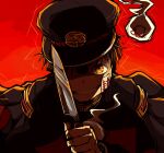  1boy anah_41 black_hair black_hat commentary english_commentary evil_grin evil_smile gakuran gakuseibou grin hair_between_eyes hanako_(jibaku_shounen_hanako-kun) hat holding holding_knife jacket jibaku_shounen_hanako-kun knife looking_at_viewer male_focus ofuda orange_eyes peaked_cap red_background school_uniform shaded_face simple_background smile solo upper_body 