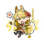  1girl acorn anger_vein animal_ears belt belt_pouch black_belt black_pantyhose blonde_hair blunt_bangs blunt_ends bow bow_hairband bowtie braid brown_shoes character_name chibi chibi_only coat commentary crown_braid dress extra_ears frilled_dress frills furrowed_brow green_eyes hair_bow hairband hand_in_pocket highres kemonomimi_mode library_of_ruina medium_hair open_clothes open_coat open_mouth orange_dress outline outstretched_arm pantyhose parted_bangs pointing pouch project_moon red_bow red_bowtie shoes simple_background solo spoken_anger_vein squirrel_ears squirrel_girl squirrel_tail tail teeth tiphereth_a_(project_moon) tsurime untranslatable_commentary upper_teeth_only uzr_akira white_background white_outline yellow_coat 