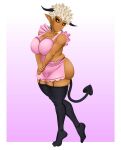 apron apron_only big_breasts black_clothing black_horn black_legwear black_stockings black_tail border breasts brown_sclera cleavage clothed clothing dark_body dark_skin demon demon_humanoid ear_piercing eyelashes female front_view hair hi_res horn horned_humanoid humanoid humanoid_pointy_ears jbreak1 legwear piercing pink_apron pink_background pink_clothing plus-sized_elf pointy_ears satero_(plus-sized_elf) satyr short_hair simple_background solo spade_tail stockings tail tailed_humanoid thick_thighs white_border white_hair wide_hips yellow_eyes