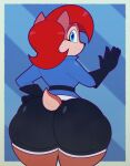 2026 absurd_res anthro big_butt black_clothing black_gloves black_handwear blue_eyes bottomwear bubble_butt butt chipmunk closed_smile clothing digital_drawing_(artwork) digital_media_(artwork) female gloves ground_squirrel hair hand_on_hip hand_on_own_hip handwear hi_res huge_butt looking_at_viewer mammal mouth_closed rear_view red_hair rodent sally_acorn sciurid sega shorts smile solo sonic_the_hedgehog_(series) tail thick_thighs tonyneely wide_hips