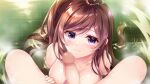  1boy 1girl bathing beach breasts brown_hair censored closed_mouth collarbone eyebrows_visible_through_hair from_above game_cg hoshi_no_otome_to_rikka_no_shimai large_breasts long_hair looking_at_viewer matsurika_karen mosaic_censoring mutou_kurihito nanotaro partially_submerged penis pov purple_eyes shiny shiny_hair shiny_skin smile solo_focus spread_legs very_long_hair wet wet_hair 