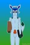 2:3 animal_genitalia animal_penis anthro balls blue_body blue_ears blue_eyes blue_fur bodily_fluids brady_d'arco canine_genitalia canine_penis cardboard computer eeveelution electronics eyewear fur generation_4_pokemon genital_fluids genitals glaceon glasses green_body green_fur hi_res laptop male navel nintendo nipples nude penis pokemon pokemon_(species) poker_face precum scoutthecat02 sheath solo wearing_glasses