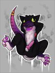 3:4 absurd_res anthro black_border border clothing cobra colored_nails cosplay dreamworks genitals hair hi_res hideplys how_to_train_your_dragon kigurumi knot long_tail male manotrak multicolored_body nails onesie pawpads penis pink_nails purple_body purple_eyes reptile ring scalie snake solo tail tongue toothless