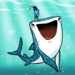 1:1 acanthurid aquatic blue_body blue_eyes blue_fin bubble carpet_shark destiny_(finding_dory) disney dory_(finding_nemo) duo female feral finding_dory finding_nemo fish fish_tail low_res open_mouth pixar regal_tang shark shark_tail spots tail toony underwater unknown_artist water watermark whale_shark white_spots yellow_fin yellow_tail