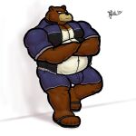  alanottaviano anthro barazoku brown_body brown_fur fur hi_res juuichi_mikazuki male male/male mammal morenatsu musclegut muscular slightly_chubby solo ursid ursine video_games visual_novel 