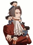  ace_attorney apollo_justice:_ace_attorney ascot bangs chibi chibi_on_head chibi_on_shoulder closed_eyes crossed_arms frown grey_hair highres male_focus miles_edgeworth multiple_persona on_head parted_bangs phoenix_wright renshu_usodayo stress 