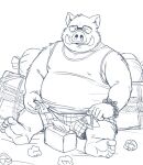  2022 anthro belly big_belly biped bottomwear clothing eyewear glasses hi_res humanoid_hands huynhduyad14 ill kemono male mammal overweight overweight_male shorts sitting solo suid suina sus_(pig) wild_boar 