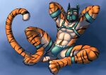 absurd_res animal_mask anthro athletic athletic_anthro athletic_male blue_bottomwear blue_clothing blue_harness body_hair bottomwear brown_pubes bulge clothing felid front_view fur glistening glistening_eyes green_eyes hands_behind_head happy_trail harness hi_res hufnaar kato_(light_sanrei) looking_at_viewer male male_anthro mammal markings mask o_rings orange_body orange_fur pantherine pube_peek pubes pup_mask solo striped_arms striped_legs striped_markings striped_tail stripes tail tail_markings tiger wearing_mask white_body white_fur