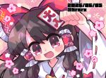  1girl ascot blush bow brown_hair dated detached_sleeves frilled_bow frilled_hair_tubes frills hair_bow hair_tubes hakurei_reimu harunori_(hrnrx) long_hair looking_at_viewer open_mouth portrait red_bow red_eyes ribbon-trimmed_sleeves ribbon_trim smile solo touhou twitter_username yellow_ascot 
