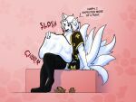 4:3 9_tails abdominal_bulge absurd_res asian_clothing belly big_belly big_butt butt canid canine churning clothing dialogue duo east_asian_clothing footwear fox hair hi_res japanese_clothing kimono kimono_only legwear male mammal multi_tail onomatopoeia red_hair rook_burkhart_(artist) same_size_vore sandals sandals_removed shoes sitting smug sound_effects tail text thigh_highs unimpressed vore white_body