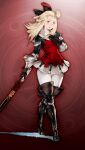  1girl ahoge armor armored_dress black_boots black_bow black_gloves blonde_hair blue_eyes blush boots bow bravely_default:_flying_fairy bravely_default_(series) closed_mouth crossed_legs dress edea_lee faulds full_body game_asset gauntlets gloves grimms_notes hair_bow hand_on_own_chest holding holding_sword holding_weapon katana light_smile long_hair non-web_source official_art pantyhose red_background red_dress sheath sheathed solo standing sword thigh_boots watson_cross weapon white_pantyhose yoshida_akihiko 