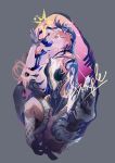  1girl bare_shoulders black_dress black_hands black_veil blue_eyes blue_veil breasts centauroid chimera colored_extremities commentary dress gem grey_background grin hand_up highres long_hair looking_at_object looking_up medium_breasts nautika_(reverse:1999) pink_gem pink_hair plunging_neckline reverse:1999 sample_watermark shei00 smile solo strapless strapless_dress taur two-tone_veil upper_body veil very_long_hair watermark 