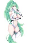  1girl absurdres arm_under_breasts bare_shoulders breasts center_opening cleavage clothing_cutout gauntlets gloves green_hair green_heart_(neptunia) hair_between_eyes high_ponytail highres huge_breasts light_blush long_hair looking_at_viewer navel neptune_(series) pointing pointing_at_self ponytail power_symbol power_symbol-shaped_pupils purple_eyes revealing_clothes solo symbol-shaped_pupils thighhighs thighs underboob very_long_hair white_gloves white_thighhighs zatsu 