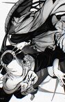  1boy 1girl absurdres adjusting_clothes adjusting_headwear bandaged_arm bandages bare_shoulders cloak dated eyeshadow faceless faceless_female greyscale hair_ornament hairclip highres japanese_clothes kagurabachi kimono large_hat looking_at_viewer looking_back makeup male_focus monochrome multiple_hairclips nihongami sandals sandogasa short_eyebrows signature solo_focus uruha_youji whalebone_1022 