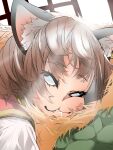 1girl 6_9 :3 absurdres animal_ear_fluff animal_ears bangs brown_hair cat_ears chen commentary_request drooling eyebrows_visible_through_hair face fang highres jphspsu0712 messy_hair open_mouth red_vest shirt short_hair sleeping sleeping_with_eyes_open solo touhou vest white_shirt 