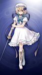  1girl artist_request blonde_hair blue_background blue_sailor_collar boots breasts buttons choker closed_mouth frilled_skirt frills full_body game_asset grimms_notes hair_between_eyes hat holding holding_sword holding_weapon jeanne_d'arc_(gakuen)_(grimms_notes) jeanne_d'arc_(grimms_notes) looking_at_viewer non-web_source official_art parody rapier ribbon_choker sailor_collar serious short_hair skirt solo style_parody sword weapon white_boots white_hat white_skirt 