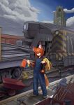 absurd_res annoyed anthro blue_clothing blue_overalls broom brown_clothing brown_shirt brown_topwear building canid canine city cityscape cleaning_tool clothed clothing cloud day denim detailed_background determined female fox fox_ears fox_tail full-length_portrait fur green_eyes hair hair_over_eye hi_res holding_lantern holding_object human ikino_darkino industrial lamp lantern locomotive mammal mechanic orange_hair overalls portrait railway_track red_fox red_light shirt short_hair skyscraper solo standing steam_locomotive tail tools topwear train train_station true_fox vehicle wheelbarrow worker