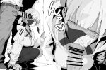  1boy 1girl bandeau bar_censor canari_(pokemon) censored commentary_request fellatio greyscale henyaan_(oreizm) hetero highres jacket looking_at_viewer monochrome multicolored_hair multiple_views oral pants penis pokemon pokemon_legends:_z-a pov shoes squatting twintails two-tone_mask 