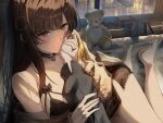  1girl babydoll bare_legs barefoot bell black_babydoll black_bra black_choker bra breasts brown_eyes brown_hair cardigan choker collarbone commentary commission dsr-50_(girls'_frontline) english_commentary girls'_frontline girls'_frontline_2:_exilium glint grabbing_another's_arm holding_hands indoors jewelry jingle_bell looking_at_viewer loreley_(girls'_frontline_2) medium_breasts nail_polish on_bed pink_nails pov pov_hands ring shidoni smile solo_focus stuffed_animal stuffed_toy teddy_bear toes underwear watermark yellow_cardigan 