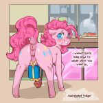  1:1 2022 blue_eyes blush cold-blooded-twilight crossgender dialogue digital_media_(artwork) dock earth_pony english_text equid equine eyelashes feral food friendship_is_magic hasbro hi_res horse looking_at_viewer looking_back mammal my_little_pony pink_tail pinkie_pie_(mlp) pony rear_view solo text 