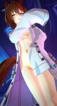  1girl agnes_tachyon_(tach-nology)_(umamusume) agnes_tachyon_(umamusume) ahoge animal_ear_piercing animal_ears bandolier belt blender_(medium) brown_hair chemical_structure coat commentary covering_nipples covering_privates cowboy_shot dutch_angle earrings english_commentary hair_between_eyes half-closed_eyes hand_up highres horse_ears horse_girl horse_tail jewelry lab_coat laboratory looking_at_viewer medium_hair missing_legwear naked_lab_coat navel no_pants no_shirt open_mouth rs_lewd single_earring sleeves_past_fingers sleeves_past_wrists smile solo tail teeth test_tube toned toned_female umamusume upper_teeth_only white_coat wolf_cut 