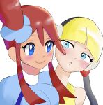  bangs bare_arms bare_shoulders black_headwear blonde_hair blue_eyes blunt_bangs blush breasts elesa_(pokemon) headphones highres kai878 pokemon pokemon_(game) pokemon_bw red_hair short_hair short_ponytail sidelocks skyla_(pokemon) 