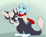 2019 black_body black_fur blue_body blue_fur clothing costume eyewear feral ferrin fur fursuit generation_1_pokemon goggles green_eyes head_tuft hi_res kaiizree legendary_pokemon male mew_(pokemon) nintendo open_mouth pale_fur paws pokemon pokemon_(species) scarf shrike_alvaron simple_background solo teal_eyes tongue tuft white_body white_fur