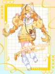  1girl :d absurdres ahoge akrngo_0708 animal_bag animal_ears bag bib_collar blonde_hair border bow bowtie braid cat_bag cat_ears cat_girl cat_tail claw_pose commentary commission fang grid_background hair_bow halftone hands_up heart highres jacket jacket_bow knees_together_feet_apart leg_warmers long_sleeves maid_headdress miniskirt multicolored_hair one_eye_closed open_mouth orange_eyes original pleated_skirt puffy_long_sleeves puffy_sleeves shoes shoulder_bag sidelocks skeb_commission skirt smile solo standing standing_on_one_leg star_(symbol) star_symbol_background streaked_hair tail thank_you track_jacket twin_braids twitter_username white_background white_bow white_leg_warmers white_shoes yellow_border yellow_bow yellow_bowtie yellow_skirt yellow_theme 