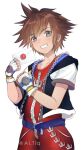  1boy bangs black_hoodie blue_eyes blush envelope eyebrows_visible_through_hair fingerless_gloves gloves head_tilt holding holding_envelope hood hoodie iluvei kingdom_hearts looking_at_viewer male_focus purple_belt red_shirt red_shorts shirt shorts smash_invitation smile solo sora_(kingdom_hearts) super_smash_bros. white_background white_gloves 