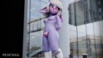 16:9 3d_(artwork) bench blush bottomless clothed clothing digital_media_(artwork) exhibitionism female female_focus footwear hair hi_res humanoid league_of_legends machine nipples public public_nudity purple_body purple_skin reheshul riot_games shoes smile sneakers socks solo tencent topless tristana_(lol) vending_machine watermark white_hair widescreen womb_tattoo yellow_eyes yordle