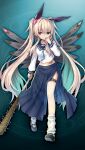  1girl aqua_background artist_request baseball_bat black_shoes blonde_hair blue_eyes breasts chaos_alice_(gakuen)_(grimms_notes) chaos_alice_(grimms_notes) closed_mouth collarbone game_asset grey_wings grimms_notes grimms_notes_gakuen hair_between_eyes hair_ornament hand_up heterochromia holding holding_baseball_bat leg_warmers loafers long_hair midriff mismatched_pupils navel non-web_source official_art parody red_eyes shoes smile solo spiked_hair style_parody twintails very_long_hair white_leg_warmers wings 
