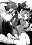  1boy 2girls blazer breasts cellphone character_request commentary_request copyright_request dandivine flip_phone greyscale hair_between_eyes highres jacket key_visual large_breasts long_hair long_sleeves looking_at_viewer loose_socks mecha miniskirt monochrome multiple_girls nail_polish necktie official_art phone pleated_skirt pointing pointing_up promotional_art robot short_hair skirt socks suit 