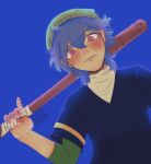  1boy absurdres artist_name aubrey_(faraway)_(omori) aubrey_(omori) baseball_bat beanie blue_background blue_hair blush bright_pupils closed_mouth double-parted_bangs genderswap genderswap_(ftm) green_hat hair_between_eyes hat highres holding holding_baseball_bat looking_at_viewer male_focus nail_(hardware) nail_bat nostrils omori otomerson pink_eyes short_hair short_sleeves simple_background solo upper_body white_pupils 