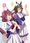  2girls animal_ears bangs blue_eyes blush brown_hair gift_bag green_eyes hair_ornament hairclip hands_up hat horse_ears horse_girl horse_tail long_hair looking_at_viewer mini_hat mini_top_hat misu_kasumi motion_lines mr._c.b._(umamusume) multiple_girls object_hug one_eye_closed open_mouth puffy_short_sleeves puffy_sleeves purple_shirt sailor_collar sakura_chiyono_o_(umamusume) salute school_uniform shirt short_hair short_sleeves skirt smile speech_bubble stiff_tail sweat tail teeth thighhighs top_hat tracen_school_uniform translation_request two-finger_salute umamusume white_legwear white_skirt 