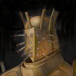  1boy armor black_background breastplate cigarette covered_face dark_souls_(series) dark_souls_i full_armor gold_armor helm helmet highres knight_lautrec_of_carim musteilss portrait simple_background smoking solo too_many_cigarettes 