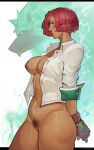  1girl absurdres arms_behind_back black_pubic_hair blue_eyes bottomless breasts brown_gloves brown_lips buttons collared_shirt commentary cowboy_shot cross dark-skinned_female dark_areolae dark_nipples dark_skin female_pubic_hair fingerless_gloves fluffydango from_side giovanna_(guilty_gear) gloves green_fur guilty_gear hair_over_one_eye highres large_breasts lips naked_shirt navel nipples no_bra nose open_clothes open_shirt parted_lips partially_unbuttoned police_badge pubic_hair pussy red_hair rei_(guilty_gear) shirt short_hair sleeves_pushed_up sleeves_rolled_up snout solo solo_focus thick_thighs thighs white_shirt wolf wolf_boy 