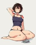  1girl anah_41 arm_behind_head bandaid bandaid_on_face black_panties breasts brown_eyes brown_hair cellphone choker commentary earrings english_commentary eyeshadow flip_phone grey_tank_top highres hoop_earrings jewelry kitsune_(anah_41) looking_at_viewer makeup medium_breasts midriff navel_piercing original panties phone piercing red_eyeshadow seiza short_hair simple_background sitting sketch solo tank_top underwear white_background yin_yang 