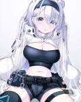  1girl absurdres animal_ears arknights aurora_(arknights) bear_ears belt black_hairband black_shirt blue_eyes breasts cleavage crop_top cropped_jacket e-bbh eyes_visible_through_hair grey_hair grey_shorts hair_over_one_eye hairband highres jacket large_breasts looking_at_viewer midriff navel open_mouth pouch shirt short_shorts shorts sitting solo strapless tareme tube_top utility_belt white_hair white_jacket 