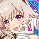  1girl black_hairband blush bow commentary_request curren_chan_(fille_eclair)_(umamusume) curren_chan_(umamusume) dress ear_bow ear_covers four-finger_heart_hands gloves grey_hair hairband heart heart_hands horse_girl looking_at_viewer neomeka off_shoulder open_mouth portrait purple_eyes red_bow short_hair smile solo umamusume white_gloves 
