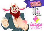 advertisement anthro big_breasts bodily_fluids breasts dungeon_flippers ear_piercing english_text felid female hi_res horizontal_pupils huge_breasts iranian_mythology kinoko.kemono lactating lineless mammal manticore maulie_(dungeon_flippers) middle_eastern_mythology mythology nipples piercing pupils simple_background solo text white_background