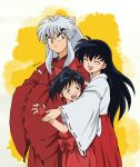  1boy 2girls :d ^_^ absurdres animal_ears black_hair black_ribbon bow bridal_gauntlets brown_eyes closed_eyes fox_ears hair_bow hakama han&#039;you_no_yashahime highres higurashi_kagome inuyasha inuyasha_(character) japanese_clothes kimono long_hair long_sleeves miko moroha multiple_girls official_style open_mouth pinoko_(pnk623) ponytail red_hakama red_kimono red_ribbon ribbon ribbon-trimmed_sleeves ribbon_trim smile standing straight_hair twitter_username very_long_hair white_hair white_kimono wide_sleeves 