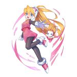  2girls absurdres antennae belly blonde_hair blue_eyes bodysuit breasts ciel_(mega_man) commission commissioner_upload cyber_elf_(mega_man) dress eyelashes fanged_bangs floating gloves headset helmet highres kiauwrenn knees leg_up leggings long_hair looking_at_viewer mega_man_(series) mega_man_x_(series) mega_man_x_dive mega_man_zero_(series) multiple_girls no_hands non-web_source open_hands open_mouth palms passy_(mega_man) pink_dress shoes simple_background small_breasts smile standing standing_on_one_leg tiptoes transparent_background vest white_gloves 
