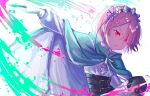  1girl belt blue_ribbon cape commentary_request green_cape hair_ornament hair_over_one_eye hair_ribbon highres holding long_sleeves maid maid_headdress nesigita_rezero outstretched_arm parted_lips pink_eyes pink_hair purple_ribbon ram_(re:zero) re:zero_kara_hajimeru_isekai_seikatsu red_eyes ribbon shirt short_hair simple_background solo white_background white_shirt x_hair_ornament 