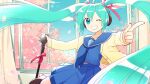  1girl bangs blue_eyes blue_hair cardigan cherry_blossoms curtains eyebrows_visible_through_hair falling_petals fisheye grin hair_ribbon hatsune_miku headphones high_heels highres holding holding_microphone long_hair microphone microphone_stand midriff_peek mikona_honey nail_polish neckerchief one_eye_closed petals pleated_skirt pointing pointing_at_viewer ribbon school_uniform serafuku skirt sky smile solo standing standing_on_one_leg tree twintails very_long_hair vocaloid window 