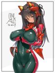  1girl armored_bodysuit bodysuit breasts brown_eyes brown_hair commentary_request covered_navel covered_nipples dated grabbing_own_breast headgear impossible_bodysuit impossible_clothes large_breasts long_hair looking_at_viewer multicolored_bodysuit original signature simple_background skin_tight solo takada_kazuhiro two-tone_bodysuit 
