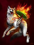2013 3_toes amaterasu_(okami) ambiguous_feral ambiguous_gender bent_legs black_claws black_nose black_sclera black_tail_tip canid canine canis capcom claws colored deity digital_media_(artwork) digital_painting_(artwork) dipstick_tail empty_eyes english_description feet female_(lore) feral fire full-length_portrait fur fur_markings gaelfox hi_res light lighting mammal markings multicolored_body multicolored_fur multicolored_tail okami_(capcom) open_mouth painting_(artwork) paws portrait quadruped red_background red_markings red_tongue shaded sharp_teeth signature simple_background solo tail tail_markings teeth toe_claws toes tongue white_body white_fur white_tail wolf