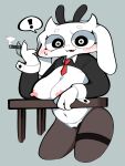 2024 accessory anthro big_breasts blush blush_lines breast_rest breasts cigarette clothing costume erect_nipples fake_ears fake_rabbit_ears female furniture heart_pasties hi_res huge_breasts lagomorph leporid mammal necktie nipples pasties rabbit red_necktie reverse_bunny_costume smoking smoking_cigarette solo ssslommm2 table tagme