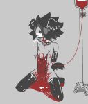 alternative_fashion anthro balls barely_visible_genitalia barely_visible_penis black_collar black_hair blood blood_bag blood_from_mouth blood_in_mouth bodily_fluids bravobunny canid canine canis clothing collar crying disembowelment domestic_dog emo femboy floppy_ears folded_ears genitals gloves gore gore_focus goth grey_background grey_body guts hair handwear intestines iv_bag iv_line kneeling latex latex_clothing latex_gloves latex_handwear latex_legwear latex_thigh_highs legwear male mammal mostly_nude nipples nosebleed organs pain penis simple_background solo spiked_collar spikes tears thigh_highs